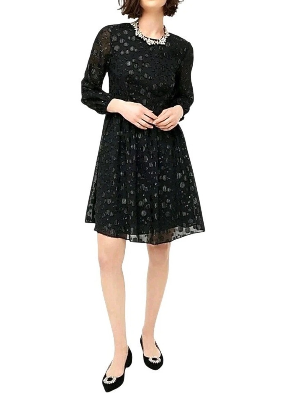 J.CREW A-line Dress in Metallic Dot Jacquard Black Long-Sleeve Fit & Flare Dress
